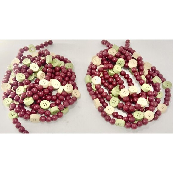 2 Wooden Beads & Buttons Holiday Tree Garlands 18 ft Maroon Cream Sage Green - Picture 1 of 5